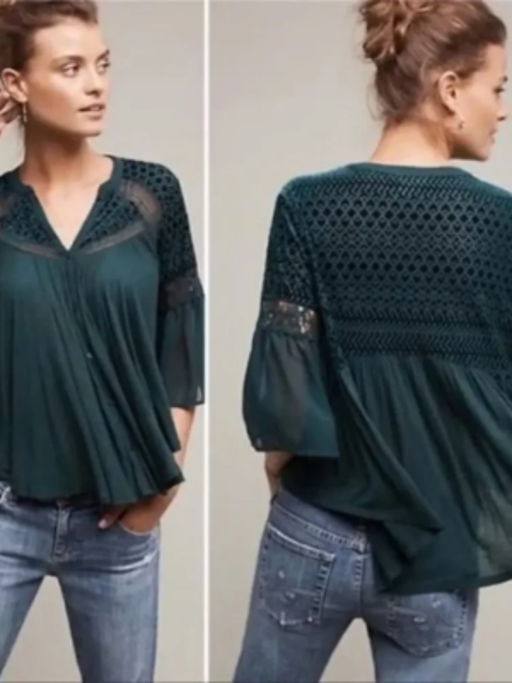 Anthropologie Meadow Rue Surya Velvet Burnout Flowy Boho Emerald Green Top XS
